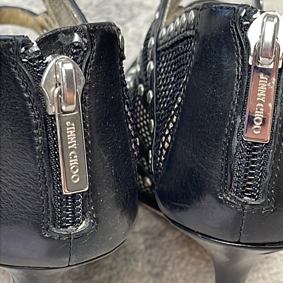 SOLD Jimmy Choo Karina Black Fishnet Studded Calf Leather Cage Heels with Box 37 - Picture 8 of 16